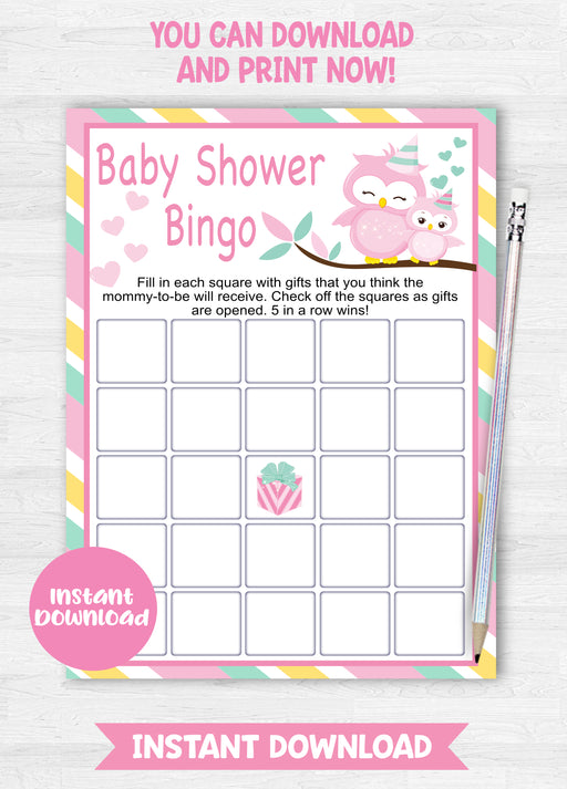 Pink and Green Owl Baby Shower Bingo Game