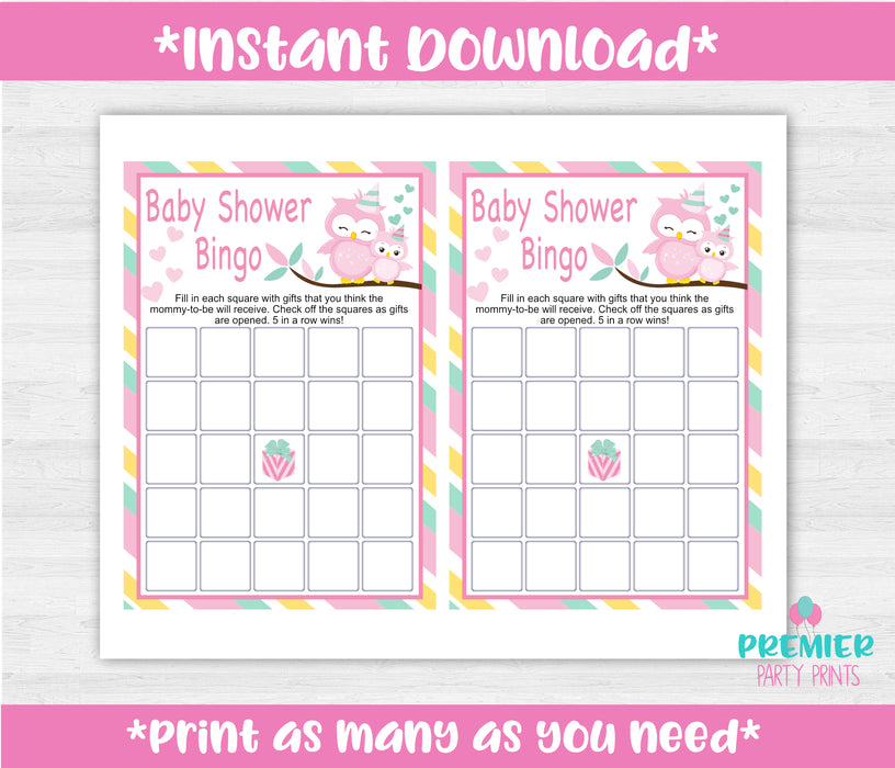 Pink and Green Owl Baby Shower Bingo Game Instructions