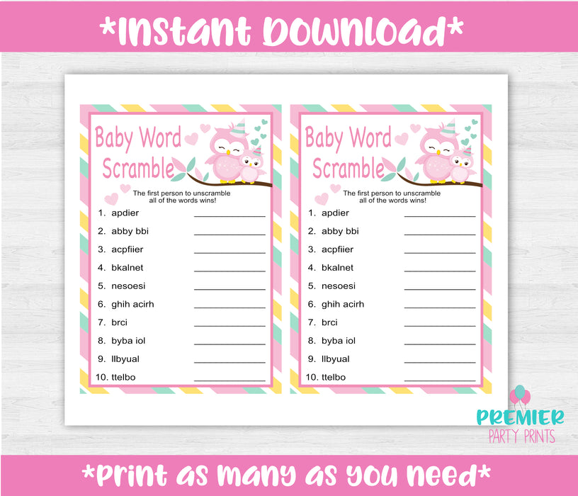 Pink and Green Owl Baby Word Scramble Baby Shower Game Instructions