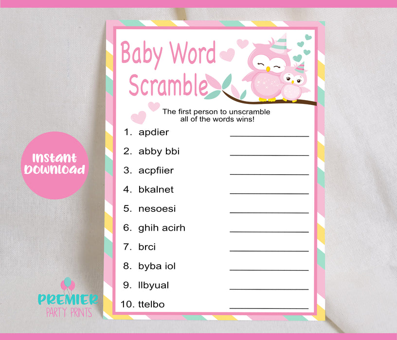 Pink and Green Owl Baby Word Scramble Baby Shower Game