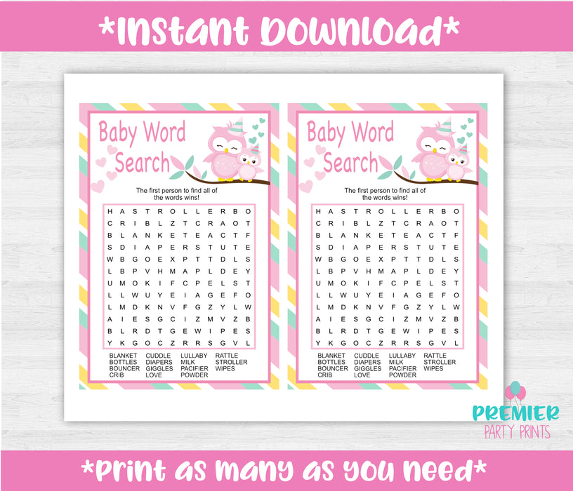 Pink and Green Owl Baby Word Search Game Instructions