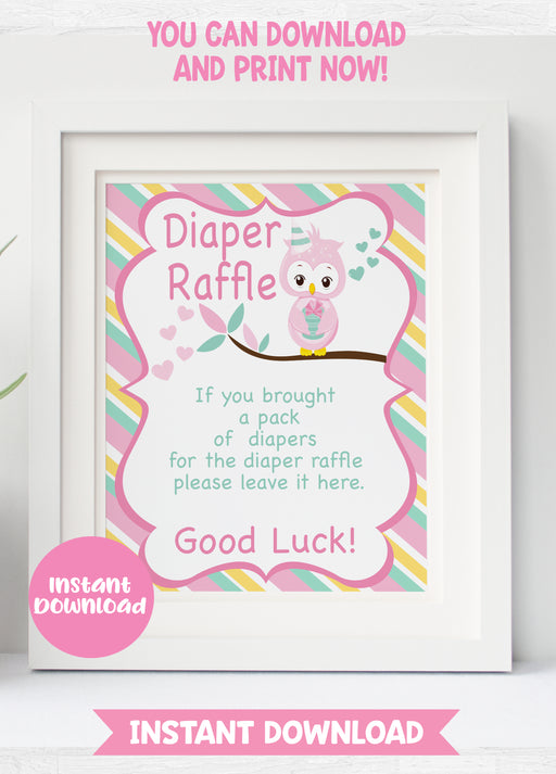 Pink and Green Owl Baby Shower 8x10 Diaper Raffle Sign