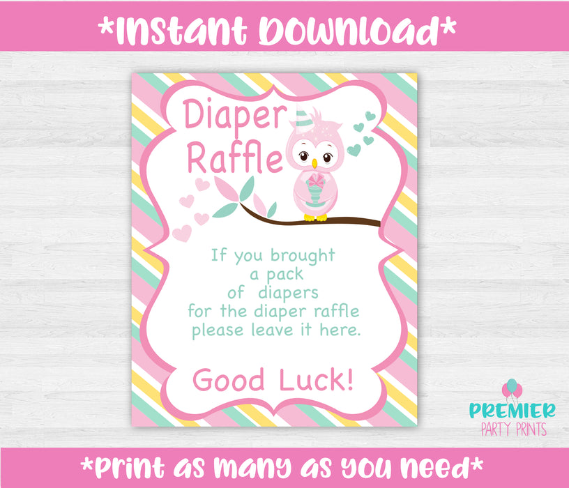 Pink and Green Owl Baby Shower 8x10 Diaper Raffle Sign Instructions