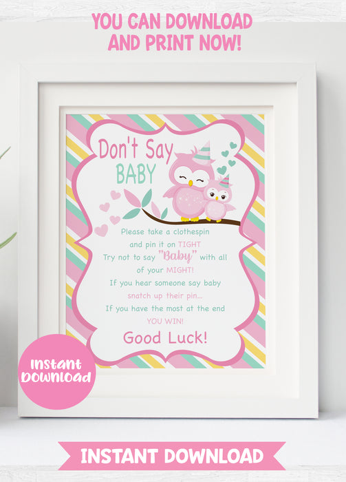 Pink and Green Owl Baby Shower 8x10 Don't Say Baby Sign