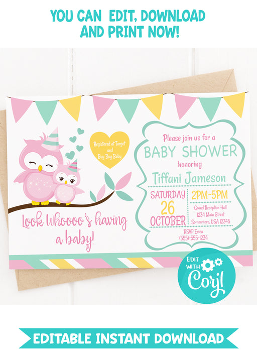 Pink and Green Owl Baby Shower Invitation