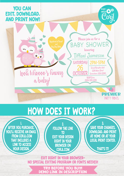 Pink and Green Owl Baby Shower Invitation instructions