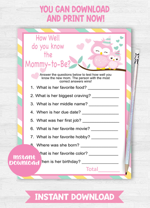 Pink and Green Owl Mommy to Be Baby Shower Game