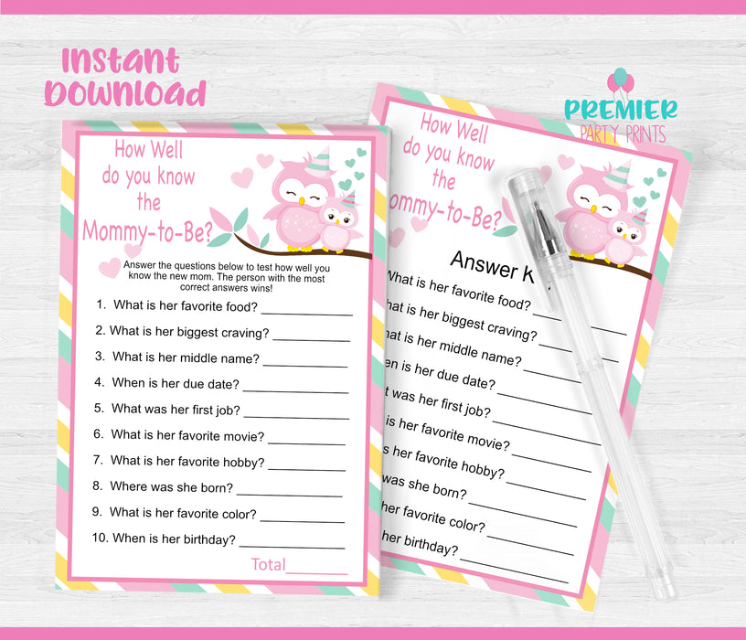 Pink and Green Owl Mommy to Be Baby Shower Game