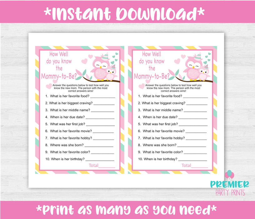 Pink and Green Owl Mommy to Be Baby Shower Game Instructions