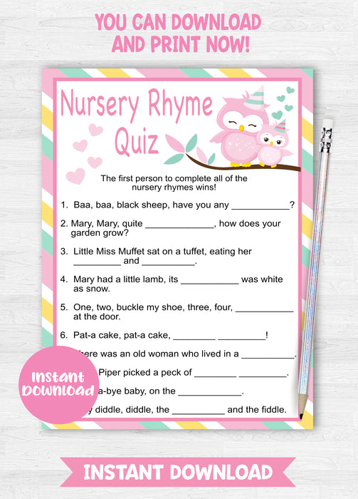 Pink and Green Owl Nursery Rhyme Quiz Baby Shower Game