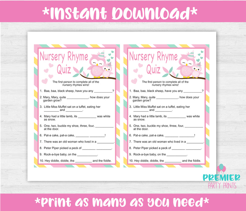 Pink and Green Owl Nursery Rhyme Quiz Baby Shower Game Instructions