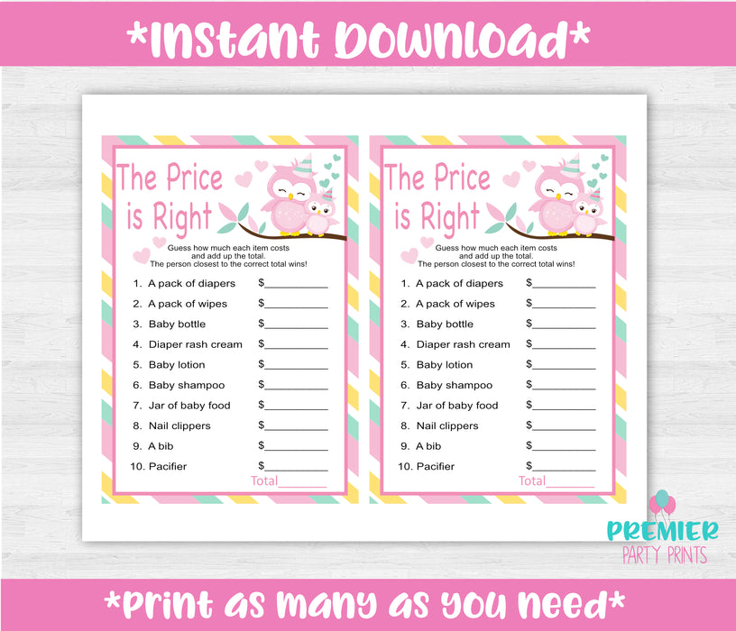  Pink and Green Owl The Price is Right Baby Shower Game Instructions
