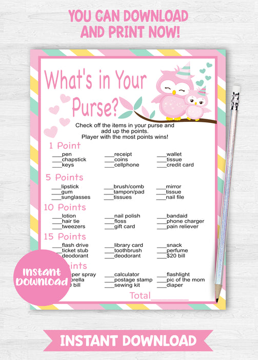 Pink and Green Owl Baby Shower What's in Your Purse Game