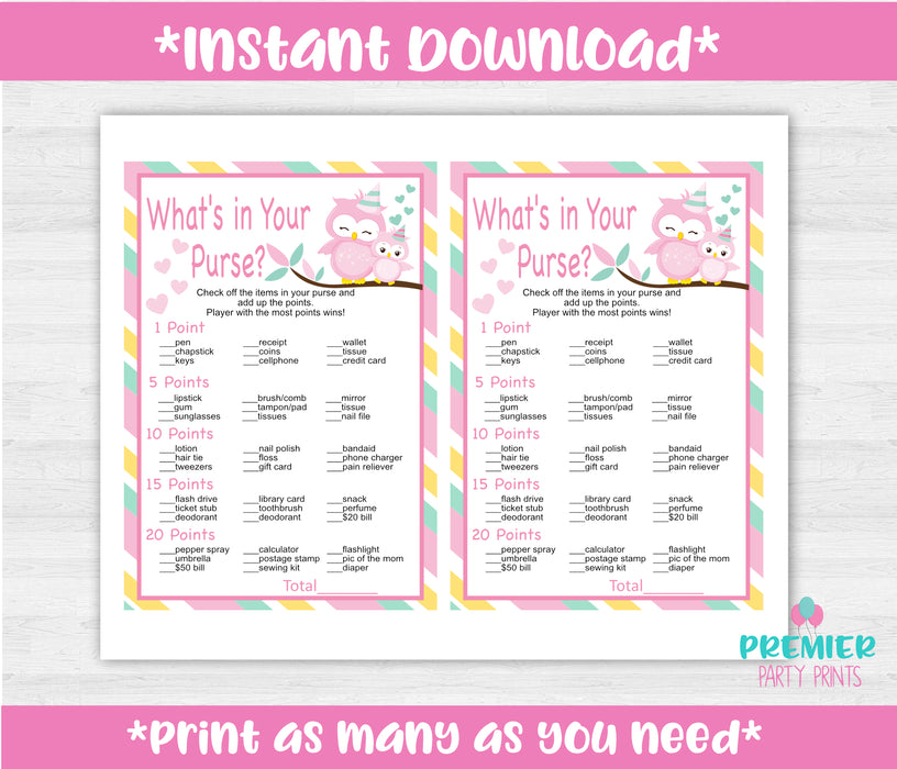 Instant Download Pink and Green Owl Baby Shower What's in Your Purse Game-BS030