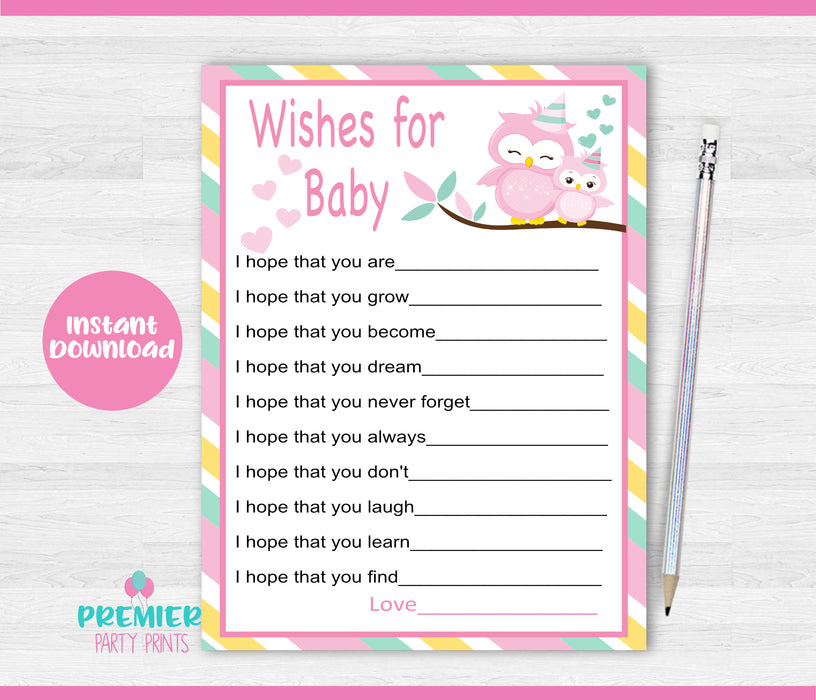 Pink and Green Owl Baby Shower Wishes for Baby