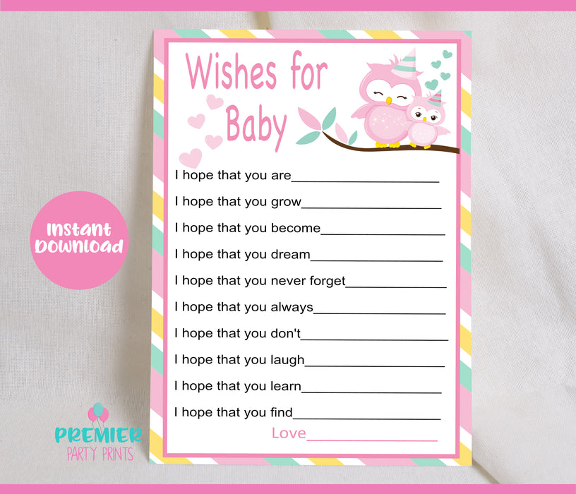 Pink and Green Owl Baby Shower Wishes for Baby