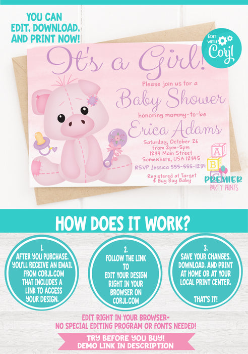 Pink and Purple It's a Girl Baby Shower Invitation Instructions