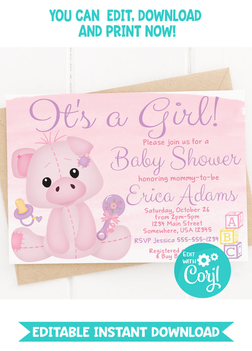 Pink and Purple It's a Girl Baby Shower Invitation