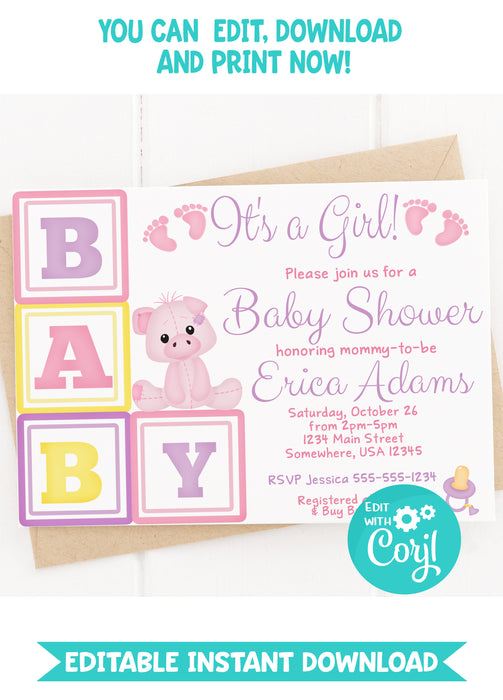 Pink and Purple It's a Girl Baby Shower Invitation 2