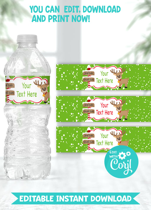 Editable Instant Access/Download Christmas Reindeer Water Bottle Labels