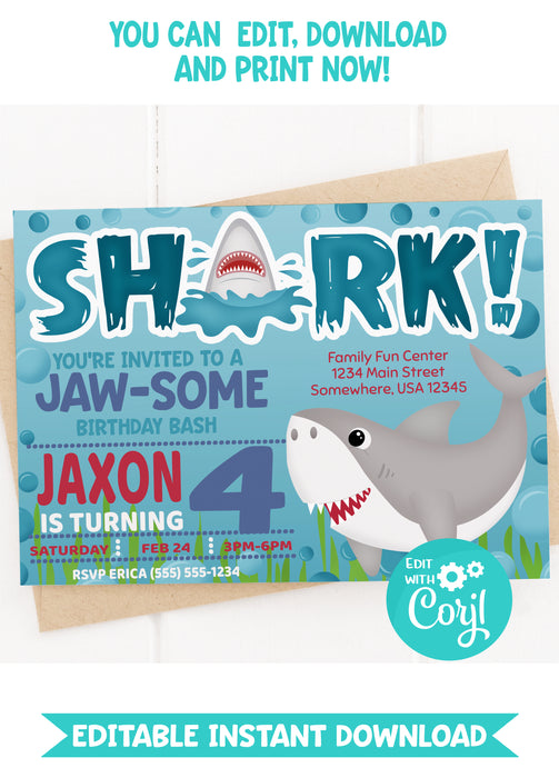 Shark Birthday Invitation Version 2