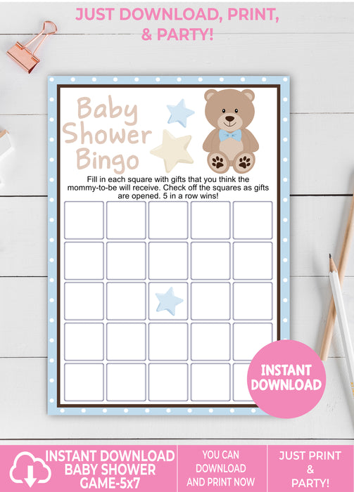 Blue Teddy Bear Baby Shower Bingo Game