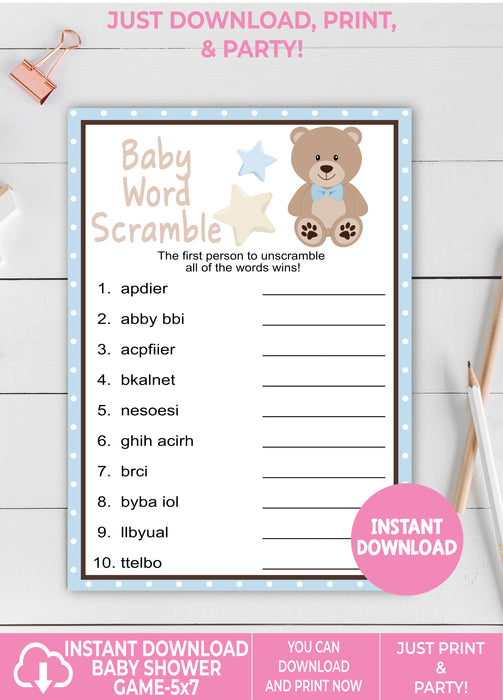 Blue Teddy Bear Baby Word Scramble Baby Shower Game