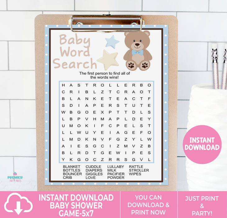 Blue Teddy Bear Baby Word Search Baby Shower Game Instructions