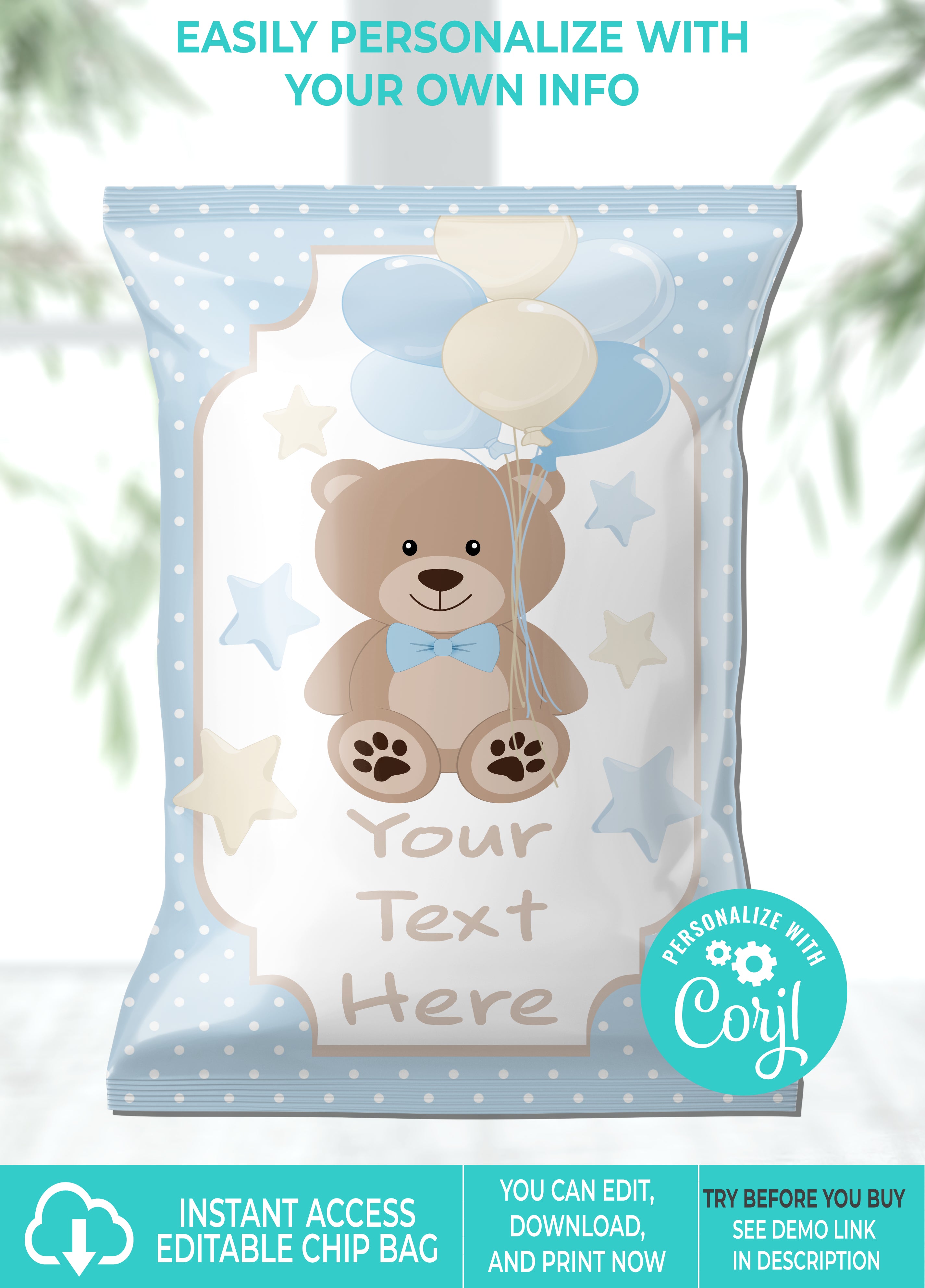 Editable Instant Access/Download Boy Teddy Bear Baby Shower Chip Bag-BS018