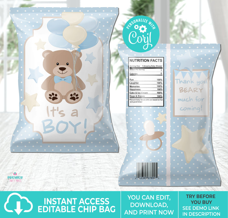 Blue Teddy Bear Printable Baby Shower Chip Bag