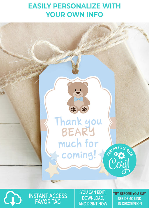 Editable Instant Access/Download Blue Teddy Bear Baby Shower Favor Tags