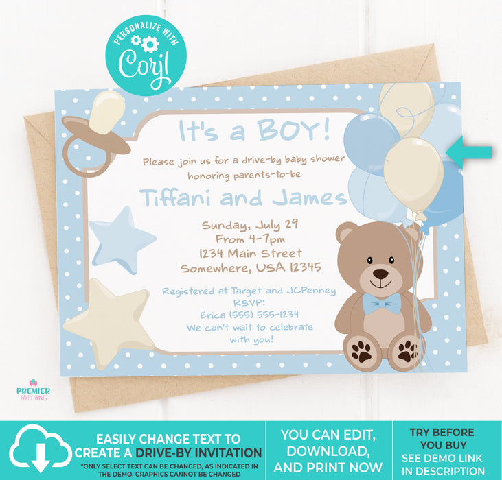 Boy Teddy Bear Baby Shower Printable Baby Shower Invitation