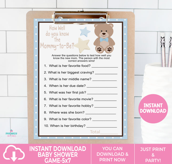 Blue Teddy Bear How Well Do You Know the Mommy to Be Baby Shower Game