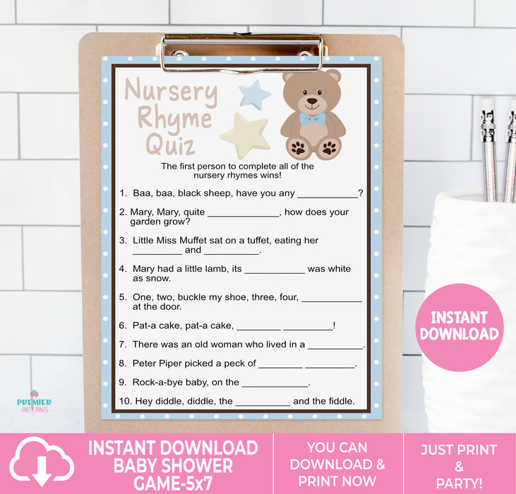 Blue Teddy Bear Nursery Rhyme Quiz Baby Shower Game