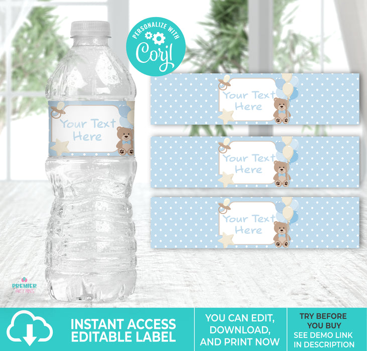 Editable Instant Access/Download Boy Teddy Bear Baby Shower Water Bottle Label-BS018