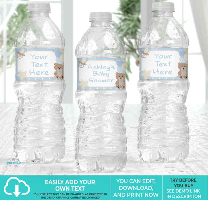 Boy Teddy Bear Baby Shower Water Bottle Label