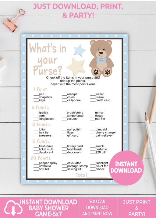 Blue Teddy Bear What's in Your Purse Baby Shower Game