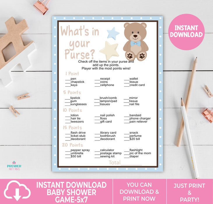 Blue Teddy Bear What's in Your Purse Baby Shower Game