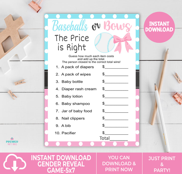 Printable Baseballs or Bows The Price is Right Gender Reveal Game