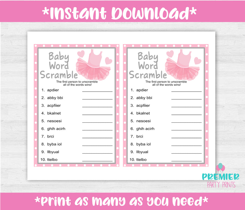  Tutu Excited Baby Word Scramble Baby Shower Game Instructions