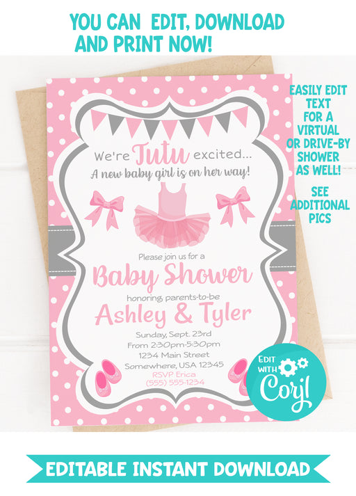 Tutu Excited Virtual Drive-By Baby Shower Invitation Version 1