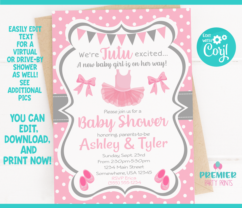 Tutu Excited Virtual/Drive-By Baby Shower Invitation Version 1