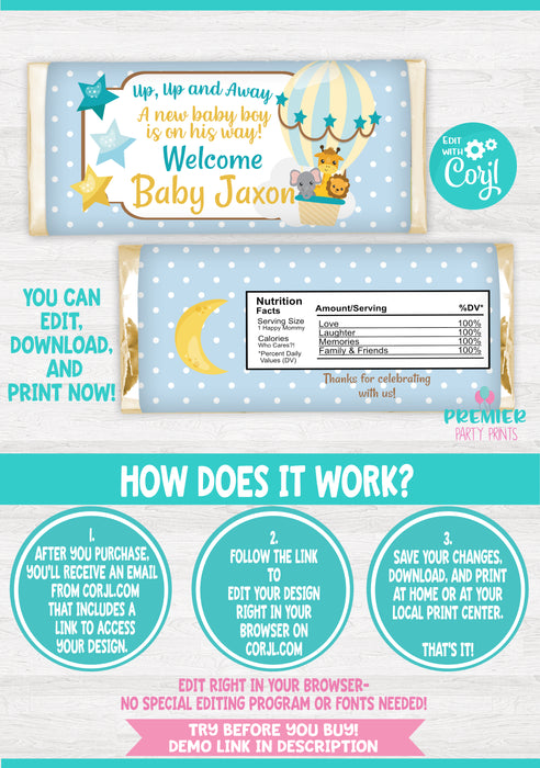 Up Up & Away Baby Shower Candy Bar Wrapper Instructions