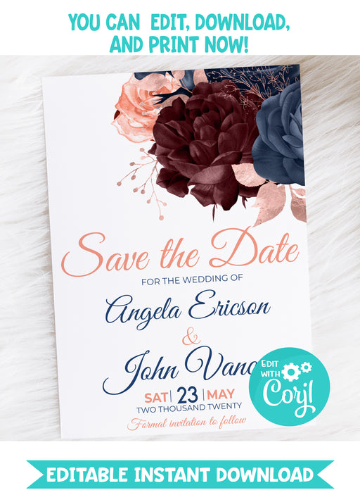  Navy, Burgundy, and Coral Save the Date