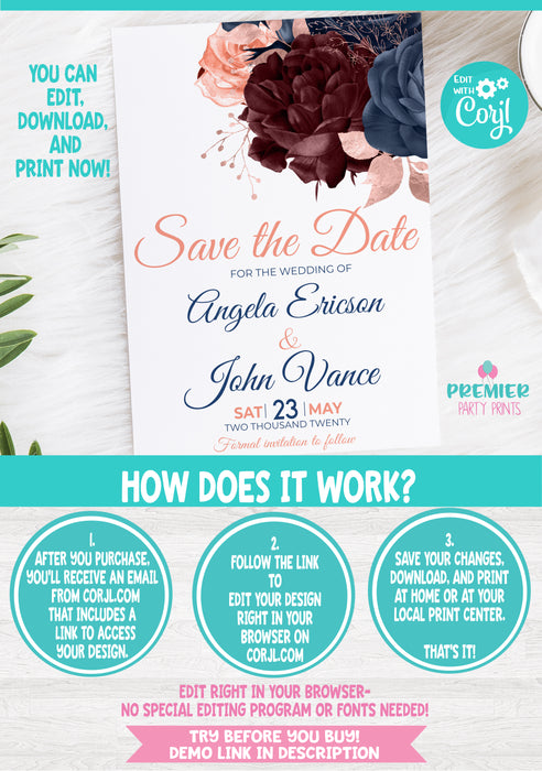 Editable Instant Access/Download Navy, Burgundy, and Coral Save the Date-W002