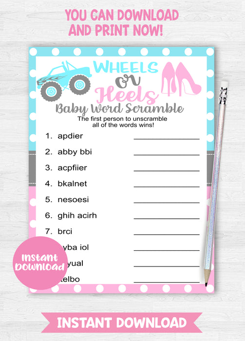 Wheels or Heels Baby Word Scramble Gender Reveal Game