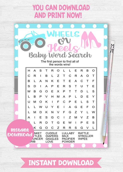  Wheels or Heels Baby Word Search Gender Reveal Game