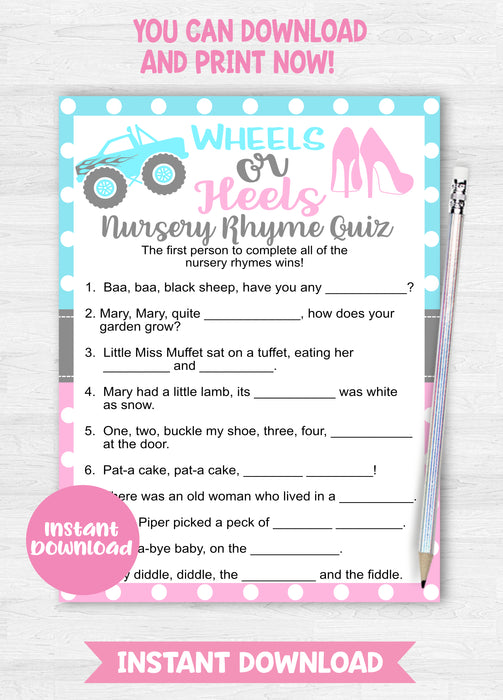  Wheels or Heels Nursery Rhyme Quiz Gender Reveal Game