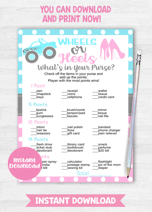 Wheels or Heels What's in Your Purse Gender Reveal Game