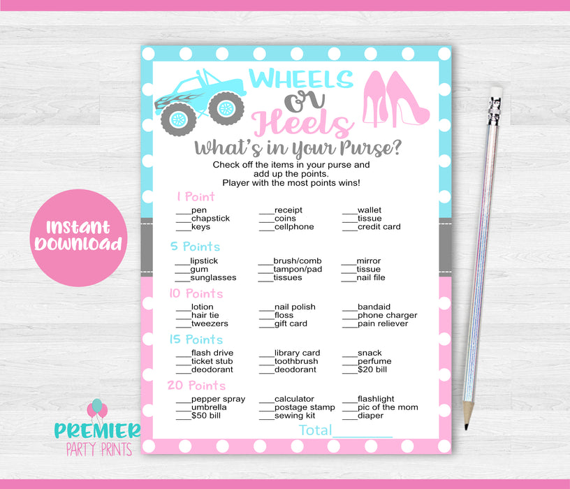 Wheels or Heels What's in Your Purse Gender Reveal Game